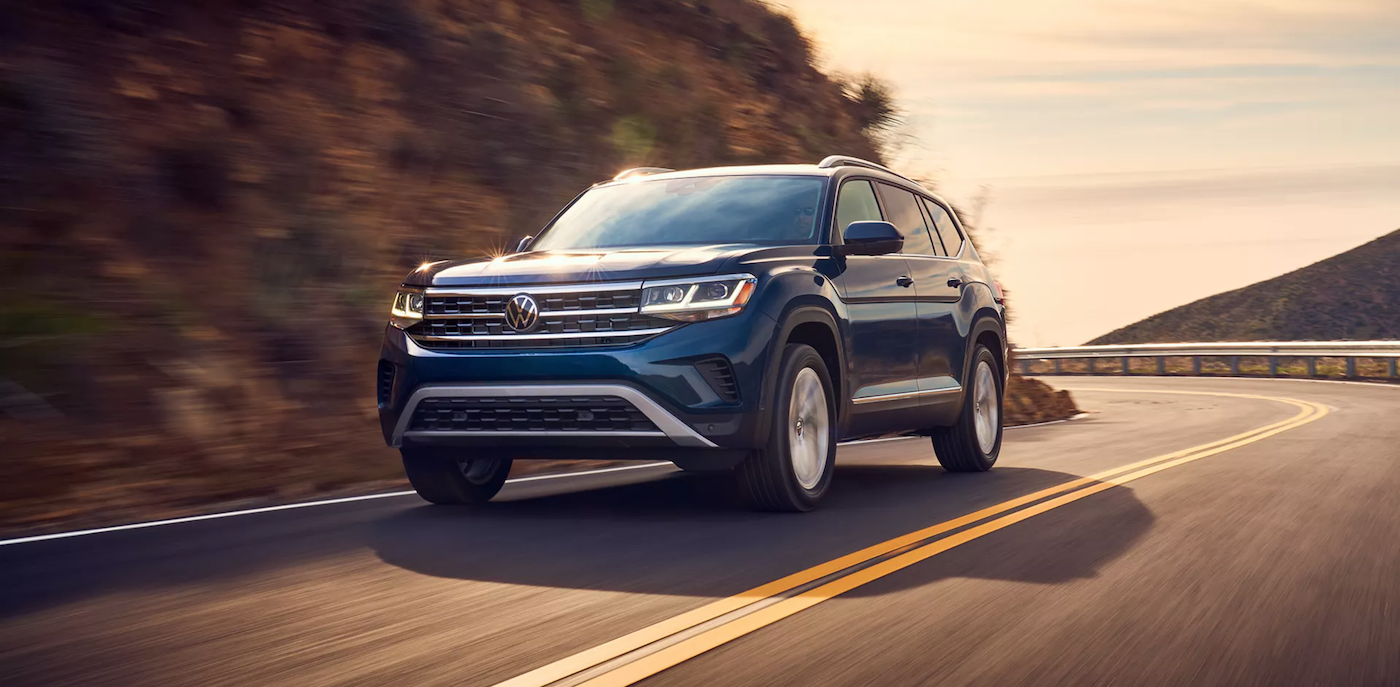 The 2021 VW Atlas driving on a highway.