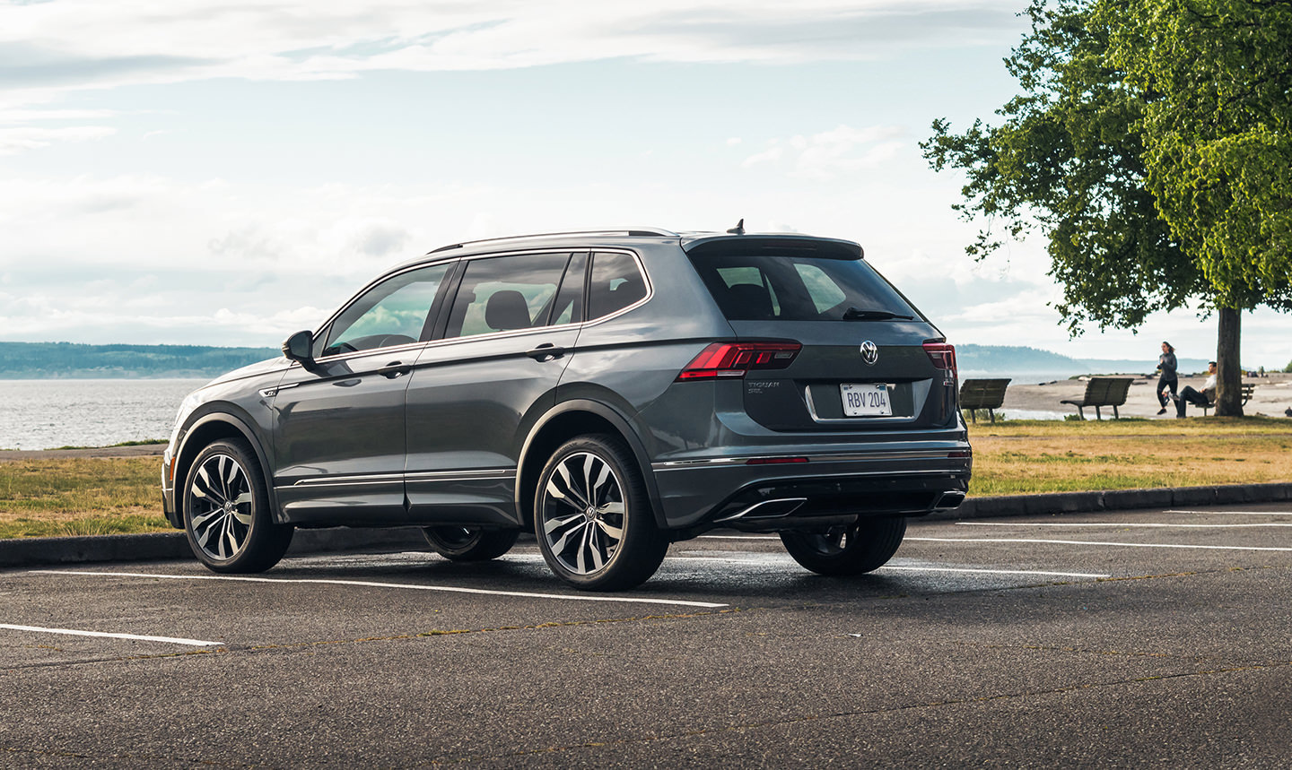 2021 Volkswagen Tiguan parked in a parking space by a lake.