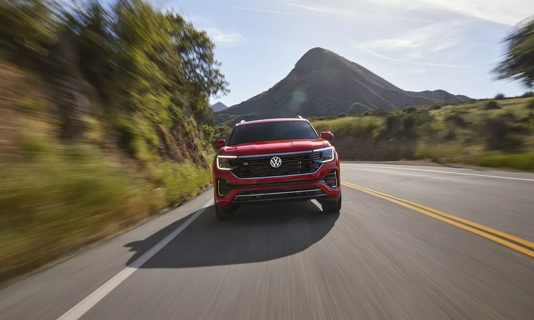Front end of red 2025 VW Atlas